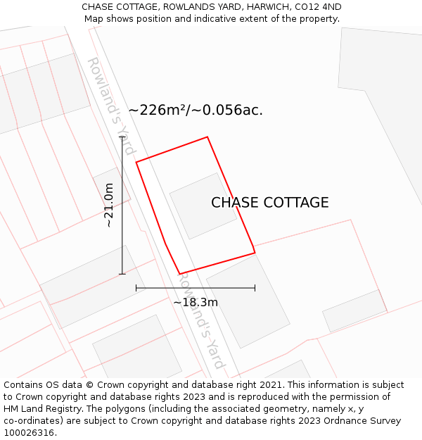 CHASE COTTAGE, ROWLANDS YARD, HARWICH, CO12 4ND: Plot and title map