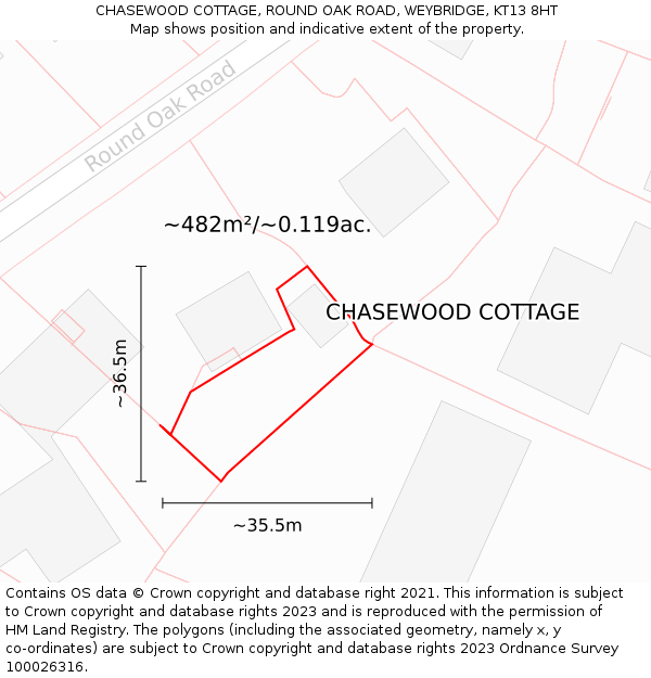 CHASEWOOD COTTAGE, ROUND OAK ROAD, WEYBRIDGE, KT13 8HT: Plot and title map