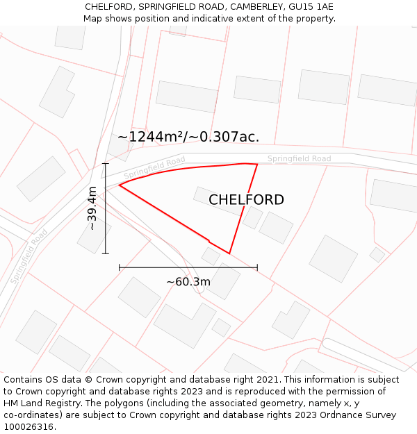 CHELFORD, SPRINGFIELD ROAD, CAMBERLEY, GU15 1AE: Plot and title map