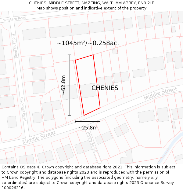 CHENIES, MIDDLE STREET, NAZEING, WALTHAM ABBEY, EN9 2LB: Plot and title map