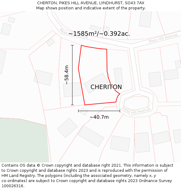 CHERITON, PIKES HILL AVENUE, LYNDHURST, SO43 7AX: Plot and title map