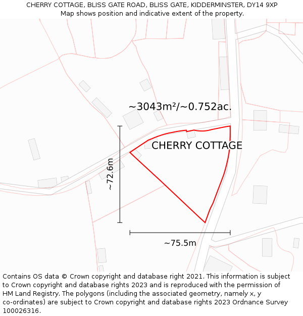 CHERRY COTTAGE, BLISS GATE ROAD, BLISS GATE, KIDDERMINSTER, DY14 9XP: Plot and title map