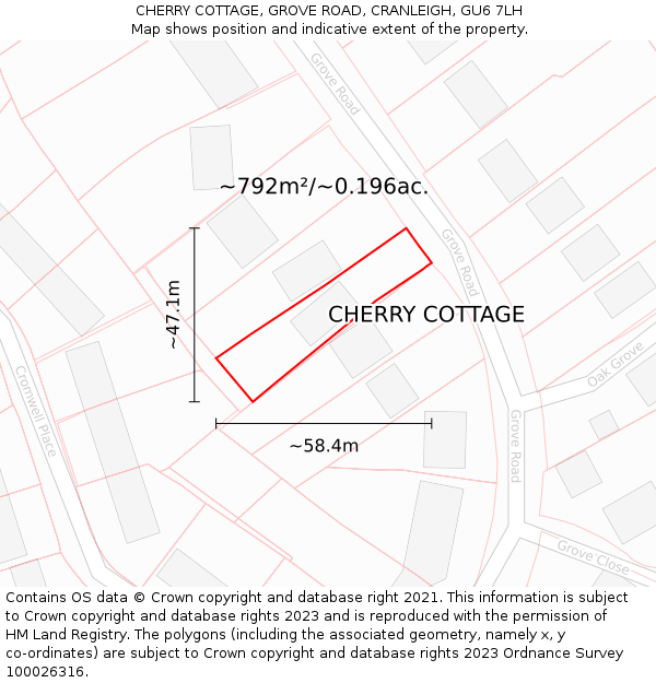 CHERRY COTTAGE, GROVE ROAD, CRANLEIGH, GU6 7LH: Plot and title map