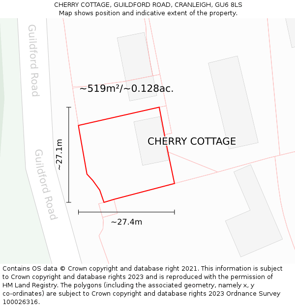 CHERRY COTTAGE, GUILDFORD ROAD, CRANLEIGH, GU6 8LS: Plot and title map