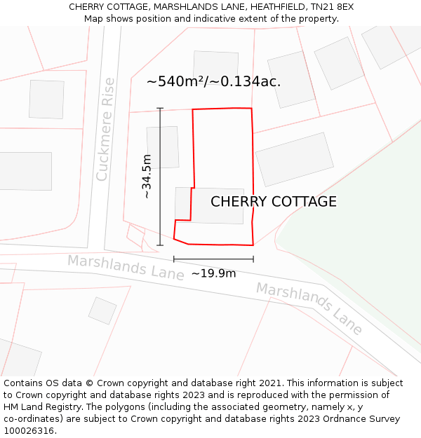 CHERRY COTTAGE, MARSHLANDS LANE, HEATHFIELD, TN21 8EX: Plot and title map