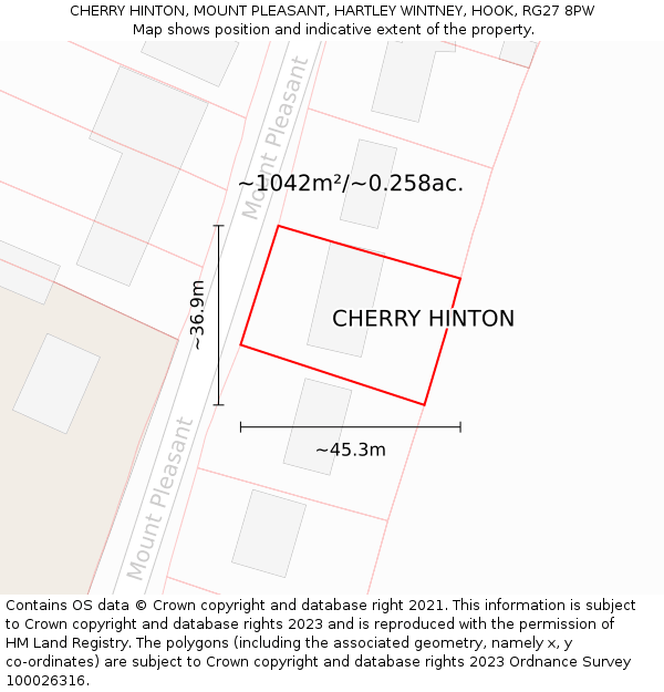 CHERRY HINTON, MOUNT PLEASANT, HARTLEY WINTNEY, HOOK, RG27 8PW: Plot and title map