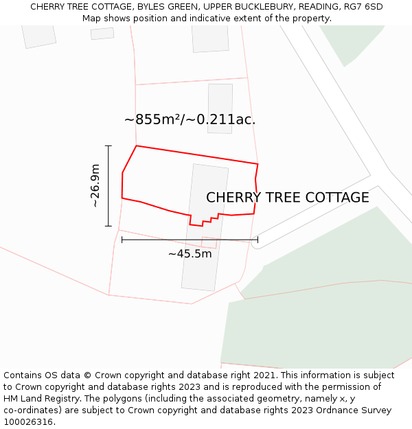 CHERRY TREE COTTAGE, BYLES GREEN, UPPER BUCKLEBURY, READING, RG7 6SD: Plot and title map