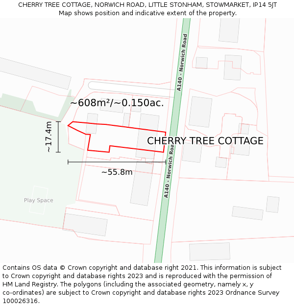 CHERRY TREE COTTAGE, NORWICH ROAD, LITTLE STONHAM, STOWMARKET, IP14 5JT: Plot and title map