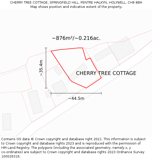 CHERRY TREE COTTAGE, SPRINGFIELD HILL, PENTRE HALKYN, HOLYWELL, CH8 8BA: Plot and title map