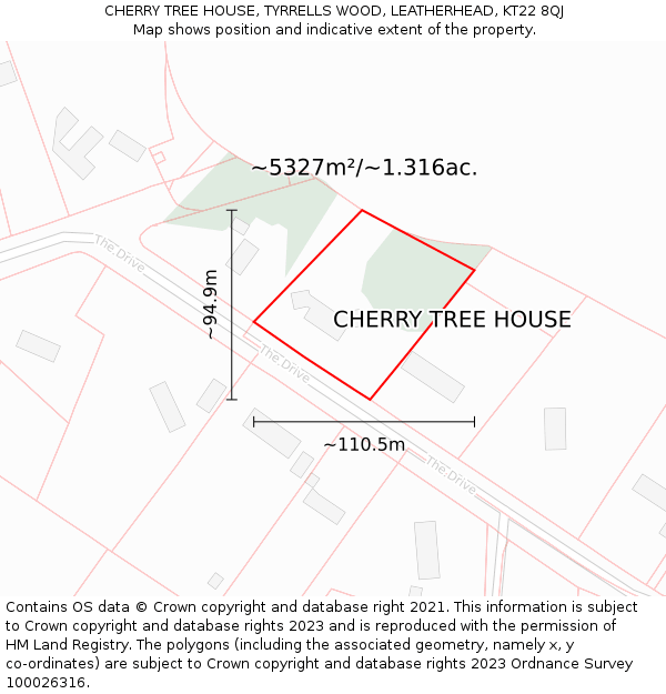 CHERRY TREE HOUSE, TYRRELLS WOOD, LEATHERHEAD, KT22 8QJ: Plot and title map