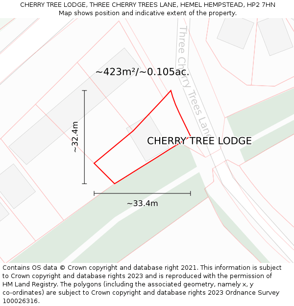 CHERRY TREE LODGE, THREE CHERRY TREES LANE, HEMEL HEMPSTEAD, HP2 7HN: Plot and title map