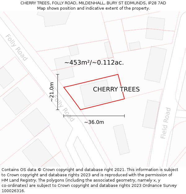 CHERRY TREES, FOLLY ROAD, MILDENHALL, BURY ST EDMUNDS, IP28 7AD: Plot and title map
