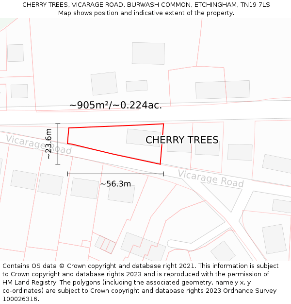 CHERRY TREES, VICARAGE ROAD, BURWASH COMMON, ETCHINGHAM, TN19 7LS: Plot and title map