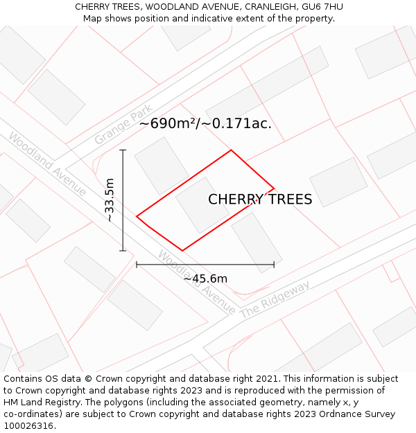 CHERRY TREES, WOODLAND AVENUE, CRANLEIGH, GU6 7HU: Plot and title map
