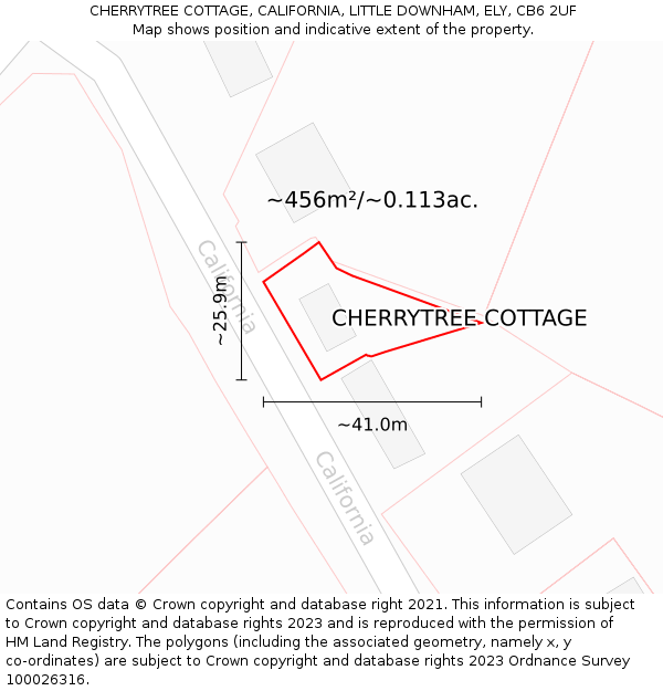 CHERRYTREE COTTAGE, CALIFORNIA, LITTLE DOWNHAM, ELY, CB6 2UF: Plot and title map