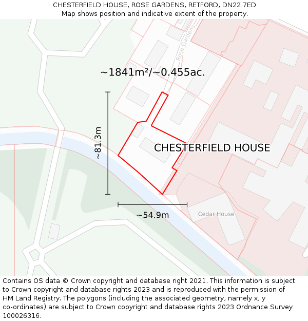 CHESTERFIELD HOUSE, ROSE GARDENS, RETFORD, DN22 7ED: Plot and title map