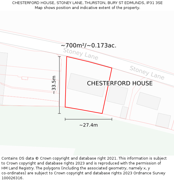 CHESTERFORD HOUSE, STONEY LANE, THURSTON, BURY ST EDMUNDS, IP31 3SE: Plot and title map