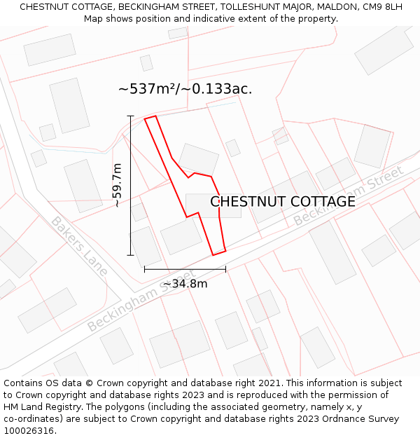 CHESTNUT COTTAGE, BECKINGHAM STREET, TOLLESHUNT MAJOR, MALDON, CM9 8LH: Plot and title map