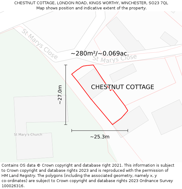CHESTNUT COTTAGE, LONDON ROAD, KINGS WORTHY, WINCHESTER, SO23 7QL: Plot and title map