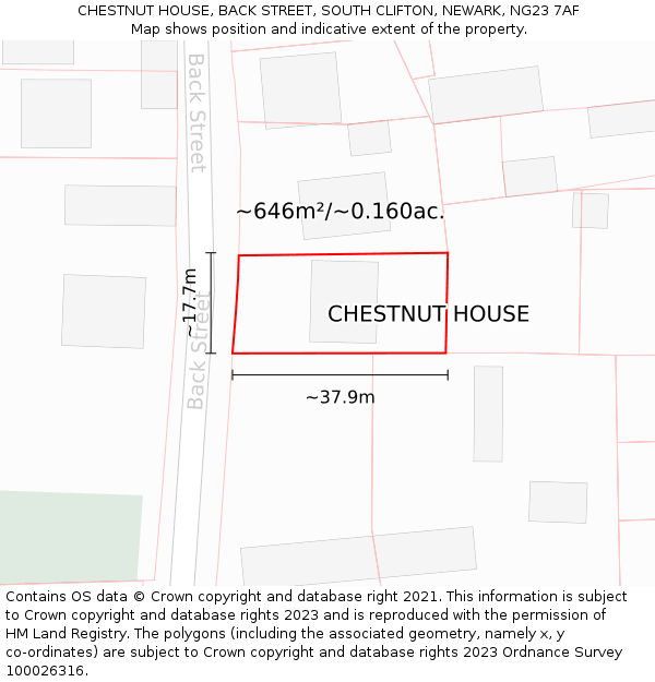 CHESTNUT HOUSE, BACK STREET, SOUTH CLIFTON, NEWARK, NG23 7AF: Plot and title map