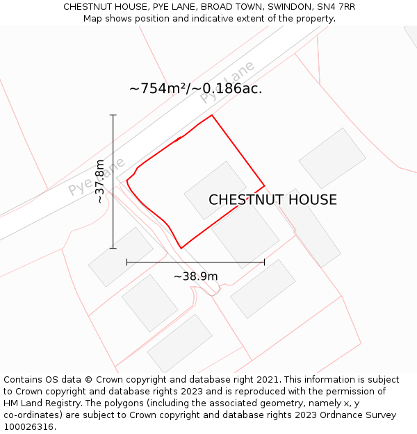 CHESTNUT HOUSE, PYE LANE, BROAD TOWN, SWINDON, SN4 7RR: Plot and title map