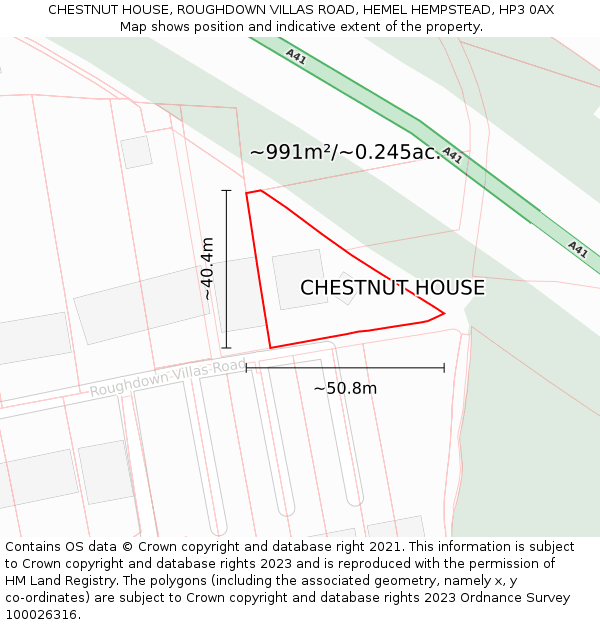 CHESTNUT HOUSE, ROUGHDOWN VILLAS ROAD, HEMEL HEMPSTEAD, HP3 0AX: Plot and title map