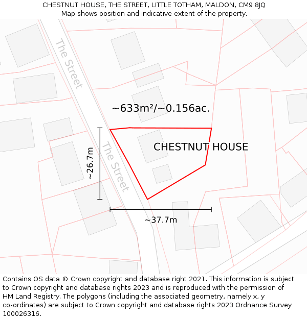 CHESTNUT HOUSE, THE STREET, LITTLE TOTHAM, MALDON, CM9 8JQ: Plot and title map