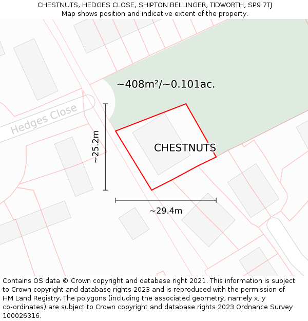 CHESTNUTS, HEDGES CLOSE, SHIPTON BELLINGER, TIDWORTH, SP9 7TJ: Plot and title map