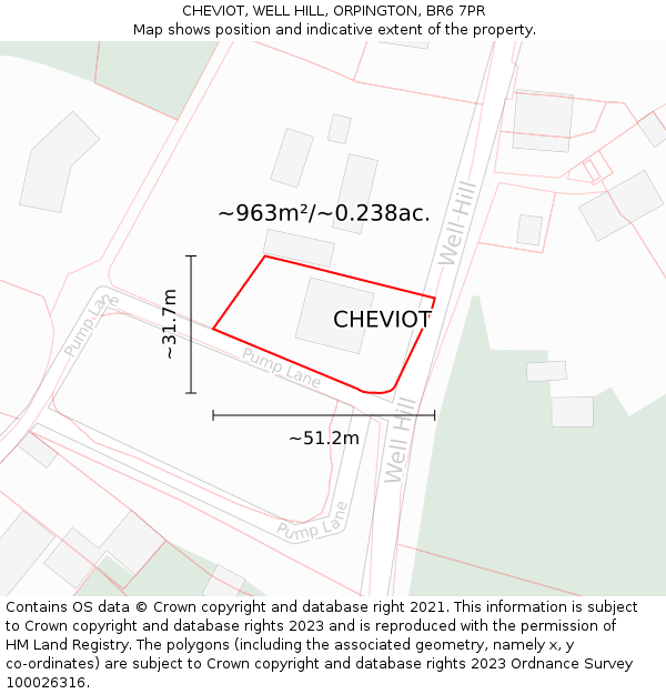 CHEVIOT, WELL HILL, ORPINGTON, BR6 7PR: Plot and title map