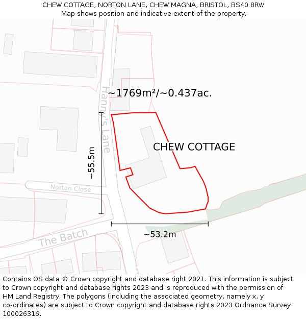 CHEW COTTAGE, NORTON LANE, CHEW MAGNA, BRISTOL, BS40 8RW: Plot and title map