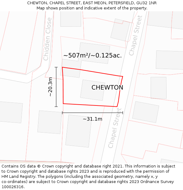 CHEWTON, CHAPEL STREET, EAST MEON, PETERSFIELD, GU32 1NR: Plot and title map