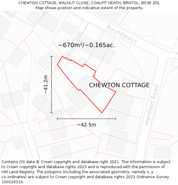 CHEWTON COTTAGE, WALNUT CLOSE, COALPIT HEATH, BRISTOL, BS36 2DL: Plot and title map