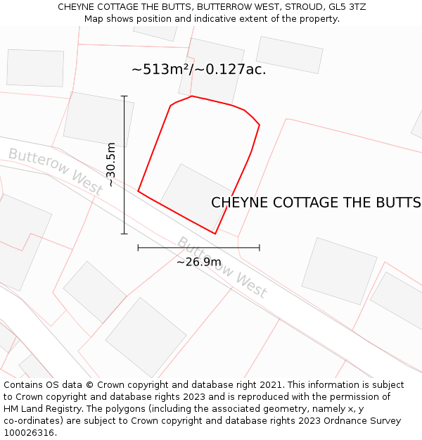 CHEYNE COTTAGE THE BUTTS, BUTTERROW WEST, STROUD, GL5 3TZ: Plot and title map
