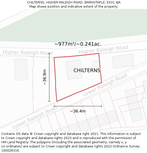 CHILTERNS, HIGHER RALEIGH ROAD, BARNSTAPLE, EX31 4JA: Plot and title map