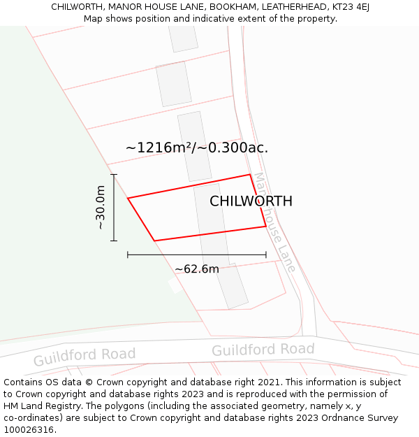 CHILWORTH, MANOR HOUSE LANE, BOOKHAM, LEATHERHEAD, KT23 4EJ: Plot and title map