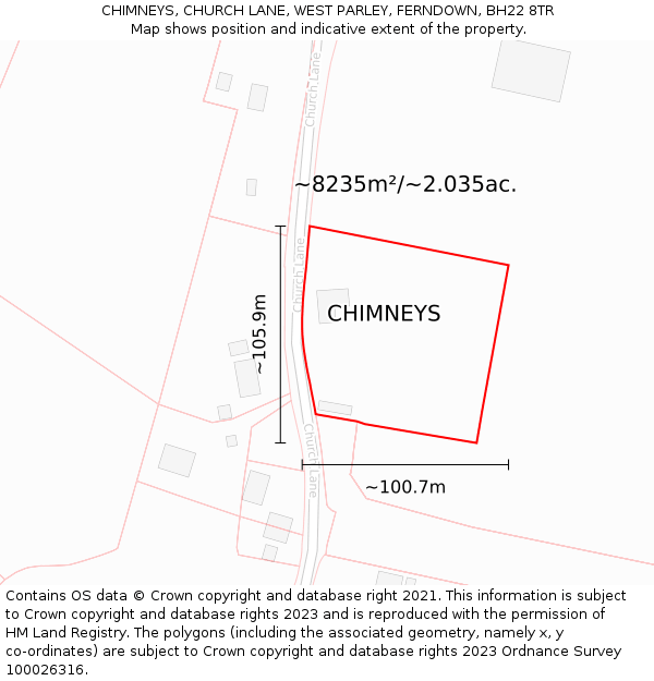 CHIMNEYS, CHURCH LANE, WEST PARLEY, FERNDOWN, BH22 8TR: Plot and title map