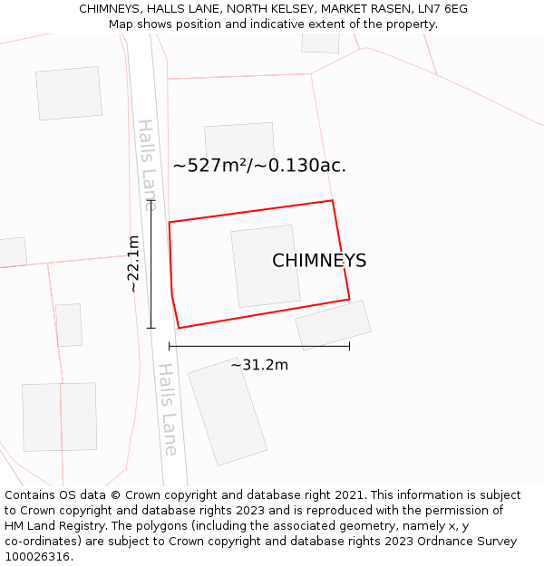 CHIMNEYS, HALLS LANE, NORTH KELSEY, MARKET RASEN, LN7 6EG: Plot and title map