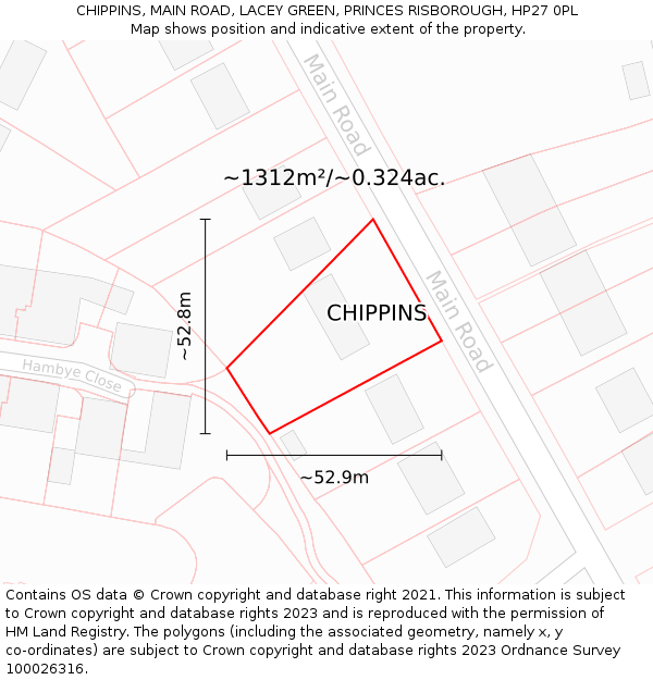 CHIPPINS, MAIN ROAD, LACEY GREEN, PRINCES RISBOROUGH, HP27 0PL: Plot and title map