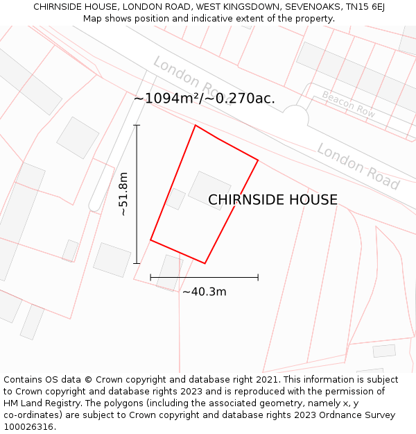 CHIRNSIDE HOUSE, LONDON ROAD, WEST KINGSDOWN, SEVENOAKS, TN15 6EJ: Plot and title map