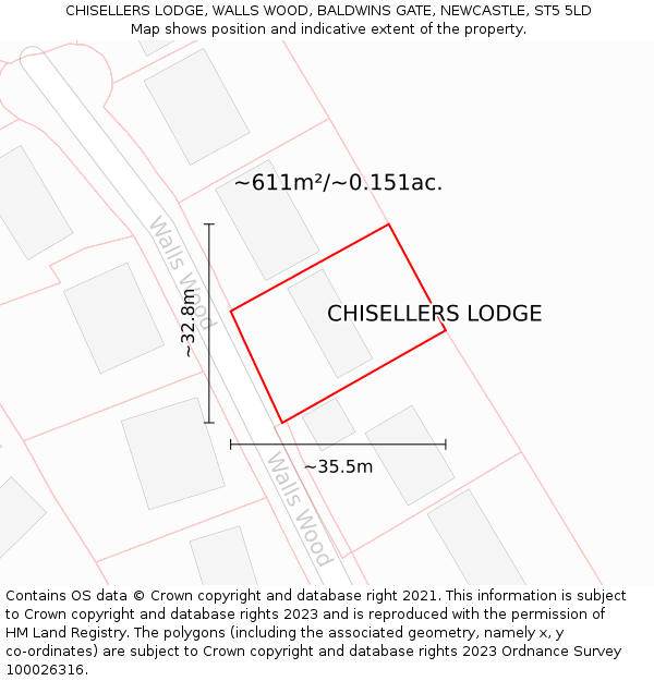 CHISELLERS LODGE, WALLS WOOD, BALDWINS GATE, NEWCASTLE, ST5 5LD: Plot and title map