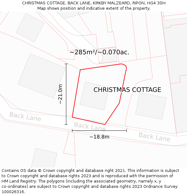 CHRISTMAS COTTAGE, BACK LANE, KIRKBY MALZEARD, RIPON, HG4 3SH: Plot and title map