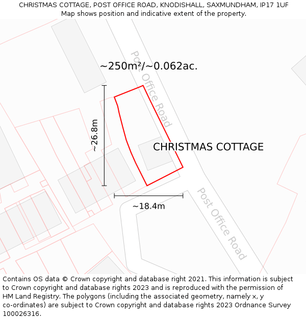CHRISTMAS COTTAGE, POST OFFICE ROAD, KNODISHALL, SAXMUNDHAM, IP17 1UF: Plot and title map