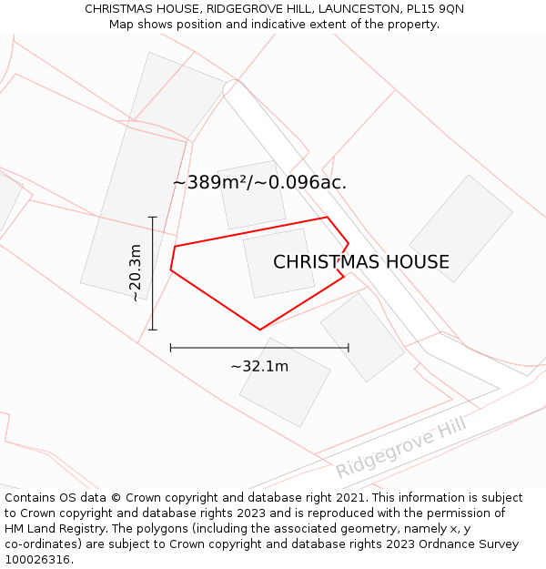 CHRISTMAS HOUSE, RIDGEGROVE HILL, LAUNCESTON, PL15 9QN: Plot and title map