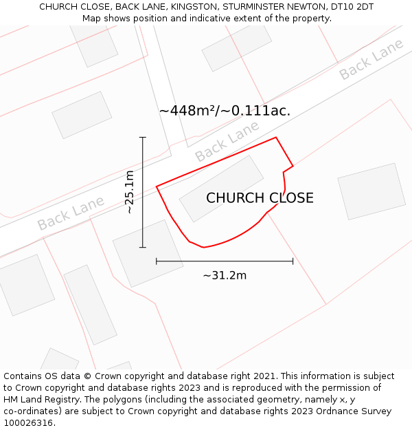 CHURCH CLOSE, BACK LANE, KINGSTON, STURMINSTER NEWTON, DT10 2DT: Plot and title map