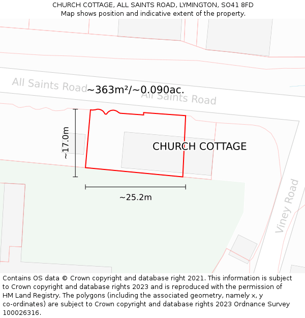 CHURCH COTTAGE, ALL SAINTS ROAD, LYMINGTON, SO41 8FD: Plot and title map