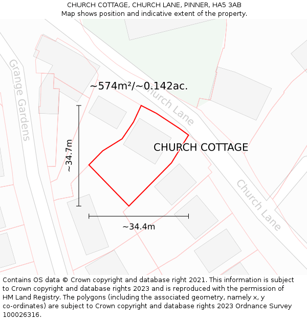 CHURCH COTTAGE, CHURCH LANE, PINNER, HA5 3AB: Plot and title map