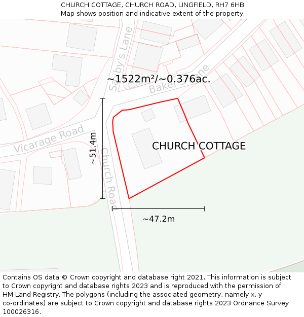 CHURCH COTTAGE, CHURCH ROAD, LINGFIELD, RH7 6HB: Plot and title map