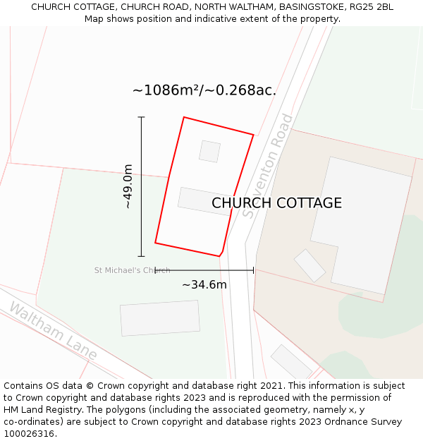 CHURCH COTTAGE, CHURCH ROAD, NORTH WALTHAM, BASINGSTOKE, RG25 2BL: Plot and title map