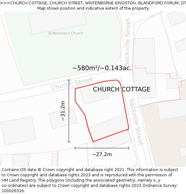 CHURCH COTTAGE, CHURCH STREET, WINTERBORNE KINGSTON, BLANDFORD FORUM, DT11 9QE: Plot and title map