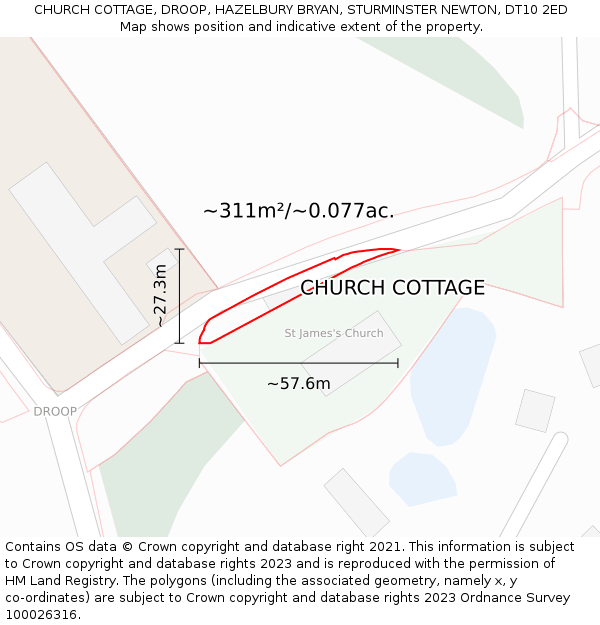 CHURCH COTTAGE, DROOP, HAZELBURY BRYAN, STURMINSTER NEWTON, DT10 2ED: Plot and title map